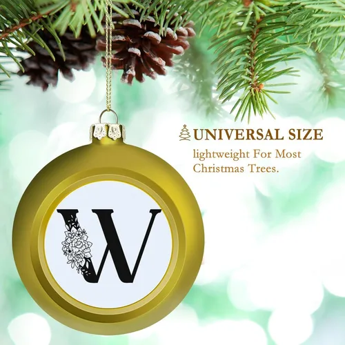 Vista 3 de Adornos de bola de iniciales, monograma floral negro, letra del alfabeto, inicial W, adornos de bola para decoración del árbol de Navidad, adornos