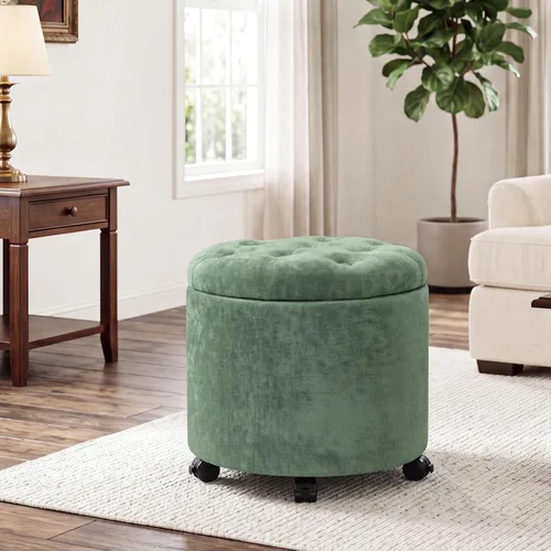 Vista 17 de Adeco Otomana redonda de almacenamiento, taburete tapizado para maquillaje, taburete de terciopelo para dormitorio, dormitorio beige