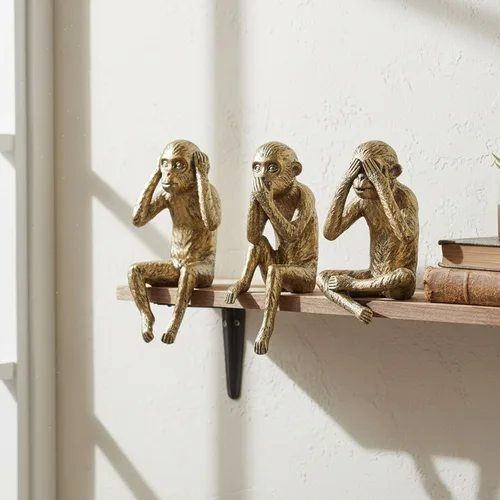 Vista 2 de Juego de estatuas de 3 monos sabios, figuras de See Hear Speak No Evil, estantes de resina dorada antigua, decoración de animales sentados