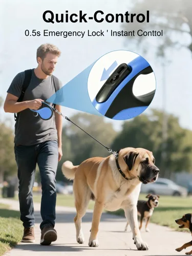 Vista 3 de Correa retráctil resistente de 26 pies para perros grandes de hasta 110 libras, nailon a prueba de mordidas, sin enredos de 360°, bloqueo de freno