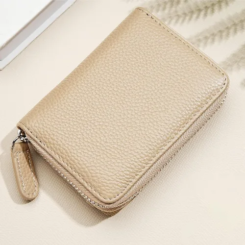 Vista 12 de Cartera de cuero genuino con bloqueo RFID, billetera con cremallera de lujo para mujeres con monedero, Color café, Classic