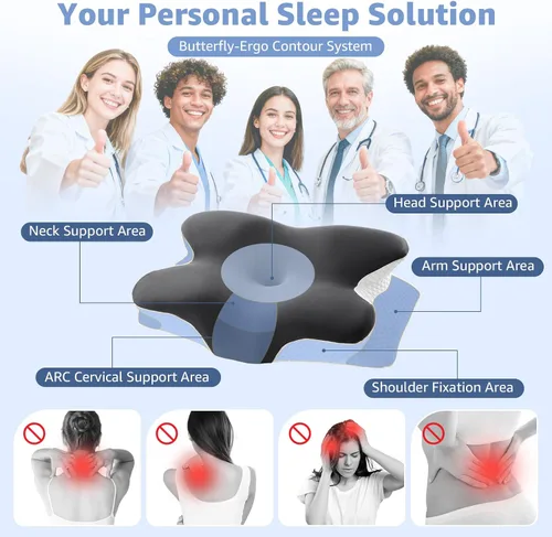 Vista 3 de Almohada cervical para aliviar el dolor de cuello, almohada ergonómica de espuma viscoelástica con 2 fundas de almohada, soporte ortopédico