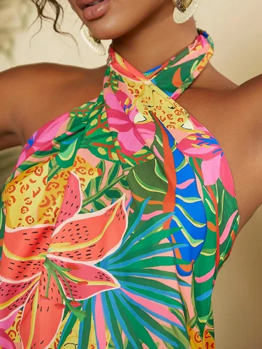 Vista 5 de SOLY HUX Vestido sin mangas con estampado tropical y espalda descubierta, estilo bohemio, para mujer