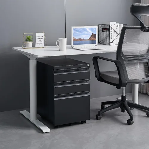 Vista 2 de Archivador móvil de metal, archivador de 3 cajones con cerradura y ruedas para oficina en casa, tamaño carta A4, gabinete de almacenamiento con Negro