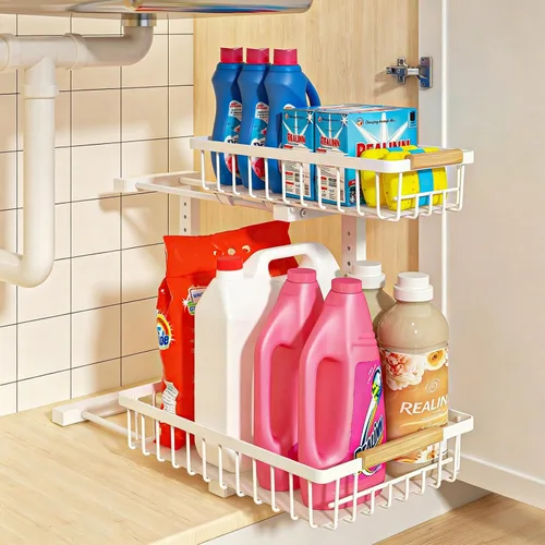 Vista 9 de REALINN Organizador para debajo del fregadero, almacenamiento de armario extraíble de 2 niveles de altura ajustable, organizador de cajones