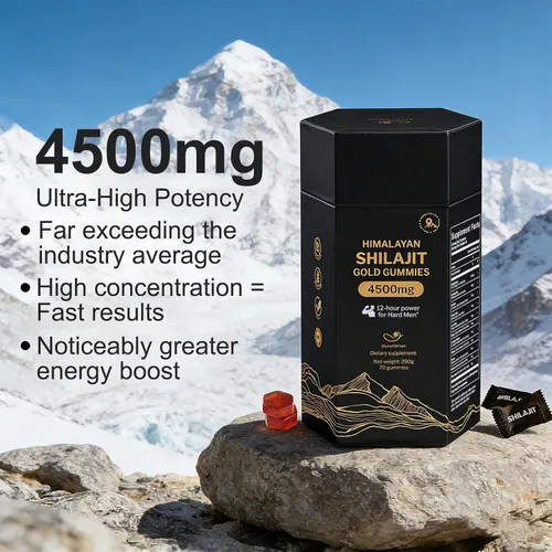 Vista 2 de Gomitas Shilajit orgánicas puras del Himalaya con Ashwagandha y musgo marino - Suplemento Shilajit dorado para hombres y mujeres, más de 105