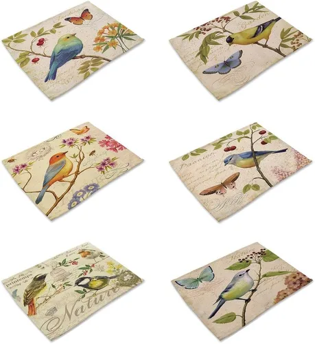 Vista 6 de 6 piezas de manteles individuales de lino de poliéster Pintura al óleo Animal Patrón de comedor Esterillas de mesa (6) (1)