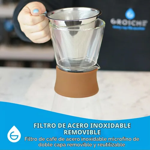 Vista 3 de GROSCHE Amsterdam - Cafetera de vidrio para verter – cafetera manual de una sola taza con parte superior de vidrio extraíble y filtro permanente