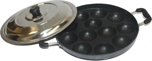 Vista 2 de Tabakh AppamPatra Paniyaram - Sartén antiadherente con tapa de acero inoxidable, 9.5 pulgadas