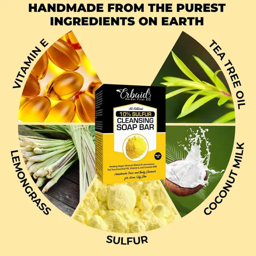 Vista 4 de Barra limpiadora de jabón de azufre 10% para cara y cuerpo, limpiador facial natural para el acné, piel grasa, mezcla curativa de citronela, aceite