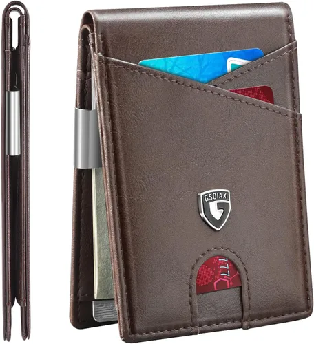 Vista 33 de GSOIAX Cartera delgada de cuero plegable RFID para hombre, billetera minimalista con bolsillo frontal con clip para dinero, 12 ranuras para Negro