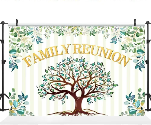 Vista 2 de Lofaris Telón de fondo de reunión familiar de 5 x 3 pies, árbol genealógico, hojas de eucalipto, bienvenidos a nuestros miembros de la familia