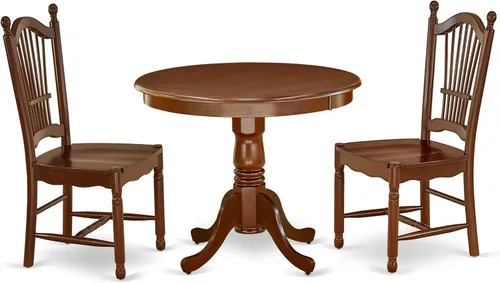 Vista 15 de East West Furniture ANDO3-BCH-W Juego de mesa de comedor de 3 piezas contiene una mesa redonda de madera con pedestal y 2 sillas de comedor