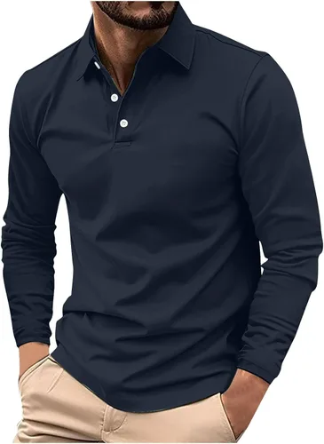 Vista 10 de Camisas de golf para hombre, manga larga, color liso, con botones, camiseta casual Henley, camiseta de entrenamiento para gimnasio 2024