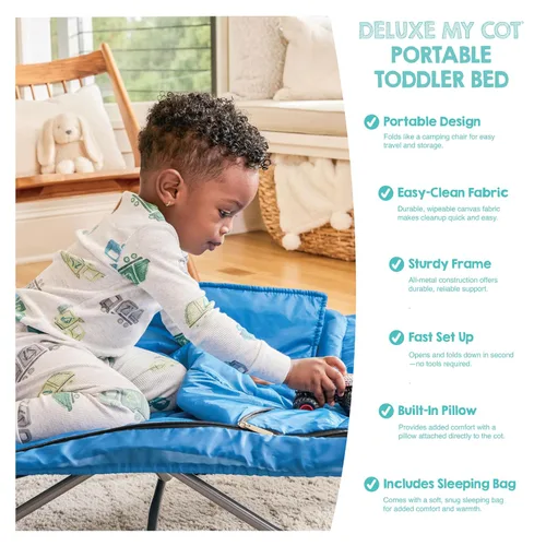 Vista 13 de Regalo My Cot Deluxe Cama portátil para niños pequeños, incluye saco de dormir, azul marino