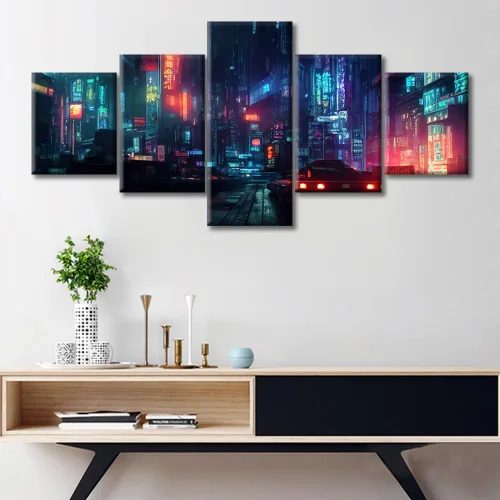 Vista 370 de Cuadros de 5 paneles de Cyberpunk City, arte de pared, representación de vallas publicitarias, edificios modernos en la capital con obras de arte