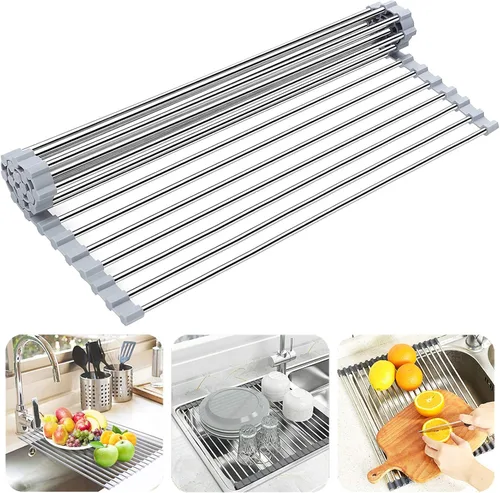 Vista 8 de Searik - Escurridor para secar platos enrollable, para colocar sobre el fregadero, estante de secado de platos plegable multiusos, estante de cocina