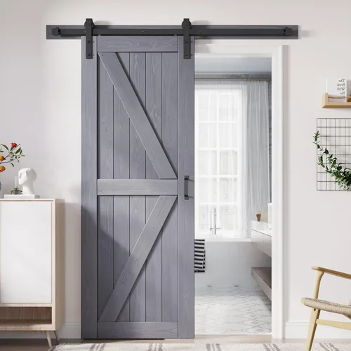 Vista 11 de FREDBECK Puertas dobles grises de 24 x 84 pulgadas, puerta de granero de 48 pulgadas con kit de herrajes para puerta de granero de 8 pies incluido
