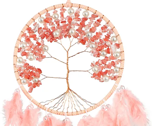 Vista 7 de Atrapasueños grandes del árbol de la vida, plumas de gallo rosa con ágata roja, atrapasueños de chakras hecho a mano para dormitorio, un Rosa