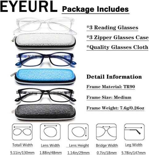 Vista 8 de EYEURL Lentes de lectura para mujeres y hombres, bloqueo de luz azul, 0.00 anti fatiga ocular, TR90 lentes de marco rectangular ultraligero