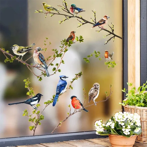 Vista 9 de Adhesivos estáticos para ventana, diseño de flores de primavera, pájaros y mariposas, reutilizables, para bricolaje, ramas de árboles, doble cara