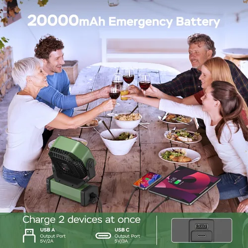 Vista 2 de KITWLEMEN - Ventilador de camping con luz - Ventilador recargable de 20,000 mAh con batería, tiempo máximo de funcionamiento de 60 horas, 4