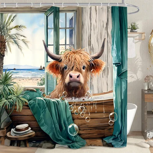 Vista 15 de Highland Cow - Cortina de ducha de verano de 60 pulgadas de ancho x 72 pulgadas de largo, divertida y linda vista al mar, vista al mar, paisaje