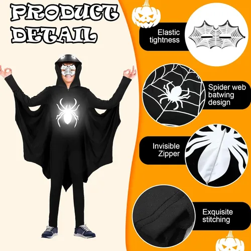 Vista 2 de Toulite 2 piezas de disfraz de araña reflectante para niños, disfraz de araña de Halloween iluminado con sombrero, máscara de ojos para niños y niñas