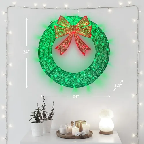 Vista 5 de Corona de Navidad Iluminada para Decoraciones Exteriores, Corona de Navidad Pequeña de 24 pulgadas, 110 Luces con 8 Efectos Intermitentes, Corona