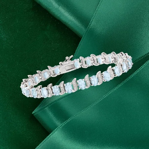 Vista 4 de Ross-Simons Pulsera de tenis aguamarina con detalles de diamantes en plata de ley de 9,50 qt. t. t, Gema, multi aguamarina Tela vaquera
