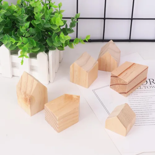 Vista 5 de 42 bloques de madera sin terminar en forma de casa, casas de madera para manualidades, bloques de madera con forma de flecha para bricolaje, estante