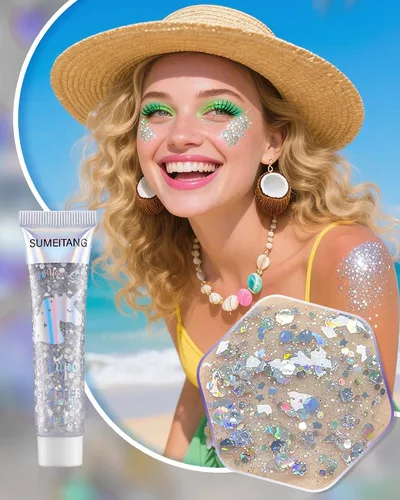 Vista 3 de Gel con purpurina para la cara y el cuerpo, 6 colores, con lentejuelas gruesas holográficas, pintura para fiestas, cantantes, conciertos, festivales