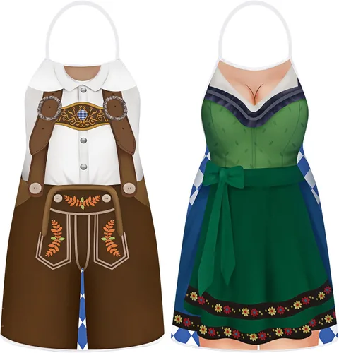 Vista 12 de Hillban 2 delantales de Oktoberfest para mujeres y hombres, delantal alemán para disfraz de Oktoberfest para parejas, cocinar, barbacoa, regalos