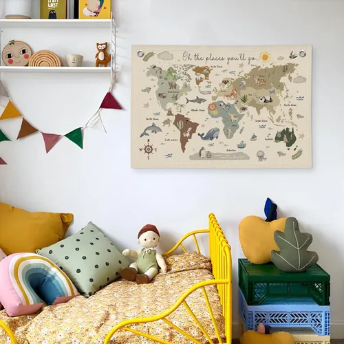 Vista 5 de Wheatwin Decoración de sala de juegos, pancarta de mapa del mundo para niños, mapas del mundo para pared, mapa del mundo, lindo tapiz de animales