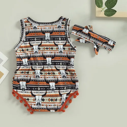 Vista 3 de Karuedoo Ropa occidental para bebé niña, con estampado de vaca, sin mangas, con pompones, traje de una pieza con diadema