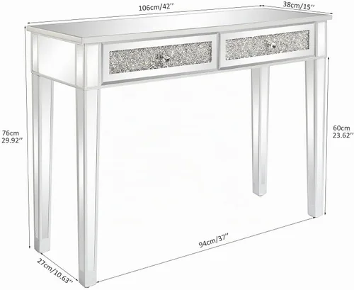 Vista 2 de Henf Escritorio de tocador con espejo para dormitorio, mesa de tocador de maquillaje, mesa de sofá con 2 cajones de diamantes sintéticos, moderno