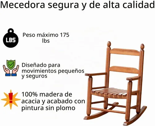 Vista 4 de Mecedora para niños, mecedora de madera para bebés pequeños, muebles cómodos para exteriores e interiores, sala de lectura, dormitorio, sala