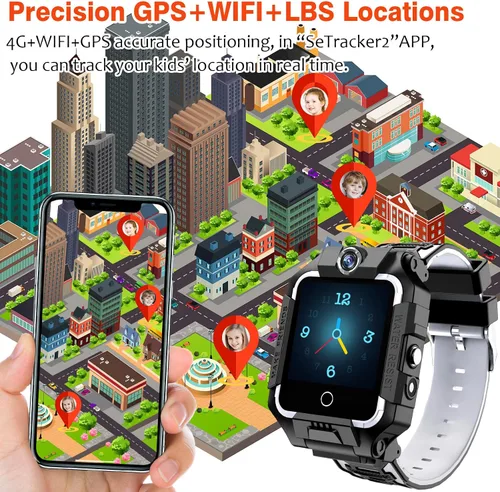 Vista 3 de Reloj 4G para niños, teléfono T10, divertido reloj inteligente con pantalla de rotación de 360°, cámara dual para niños y niñas, IP67, impermeable