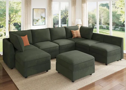 Vista 55 de HONBAY Sofá seccional modular con almacenamiento en forma de L sofá seccional, sofás convertibles para sala de estar - verde