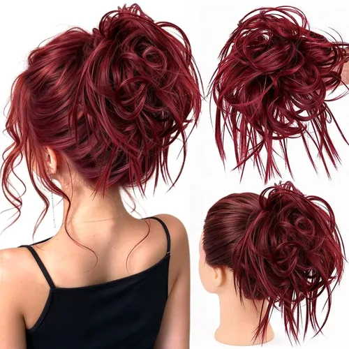 Vista 15 de HMD - Extensiones de cabello tipo chongo alborotado con rodelo despeinado, banda elástica de goma, extensiones de cabello sintético para mujer 12H24