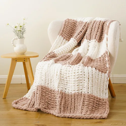 Vista 20 de Battilo - Manta de punto grueso de cachemira beige y crema, manta suave y gruesa de chenilla, manta de crochet de punto trenzado hecha a mano