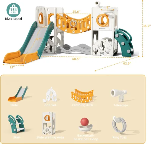 Vista 6 de Conjunto de juegos de parque infantil para niños pequeños con arco de escalada, juego de golf, tobogán y aro de baloncesto - Juguetes