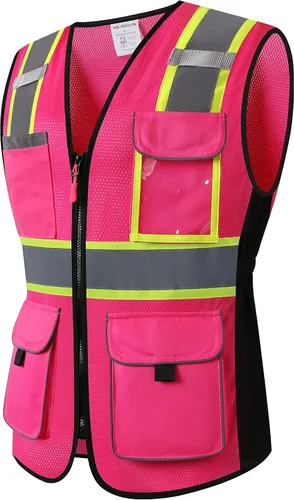 Vista 11 de Chaleco de seguridad para mujeres, chaleco de trabajo reflectante de alta visibilidad con 9 bolsillos múltiples y cremallera Negro