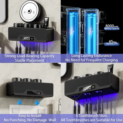 Vista 6 de Soporte para cepillos de dientes montado en la pared, estuche limpiador inteligente con secado y limpieza, soportes para cepillos de dientes con 6