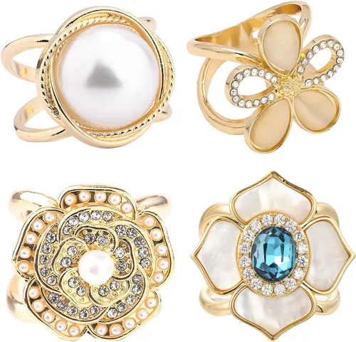 Vista 90 de 4 piezas de clip de anillo de bufanda para mujer, broche de perlas y flores, hebilla de metal para chal, accesorios de decoración para damas y niñas
