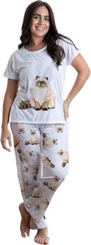 Vista 2 de Conjunto de pijama persa de gato de pelo largo (parte superior e inferior) con pantalones, conjunto de pijama para mujer, color blanco