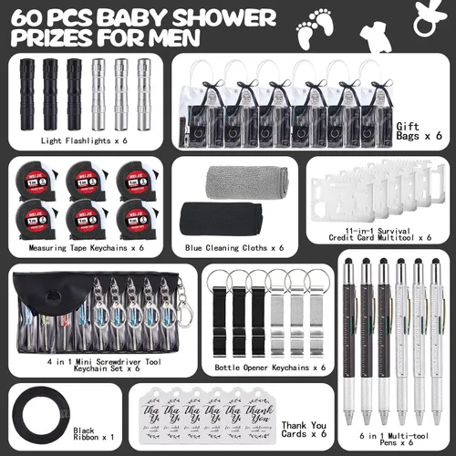 Vista 3 de 60 Piezas Premios para Baby Shower para Hombres, 6 Juegos con Paño de Limpieza, Abrebotellas, Destornillador, Cinta Métrica, Llavero, Herramienta