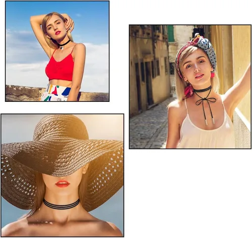 Vista 7 de Conjunto de collares gargantillas Outee, 9 piezas, color negro, gargantillas tatuaje de encaje para mujer