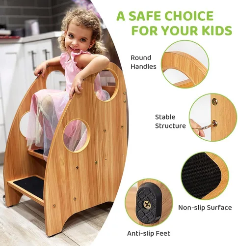 Vista 3 de StrongTek - Taburete con ruedas y asas de seguridad, torre de pie de madera de 3 niveles, silla convertible con escalones antideslizantes, capacidad