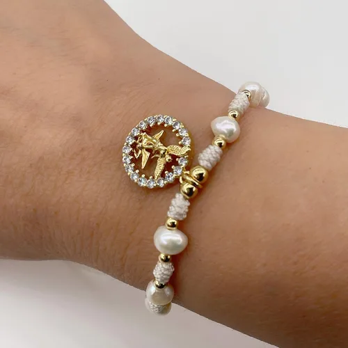 Vista 7 de Medalla colgante de arcángel de San Miguel en cordón ajustable de marfil y perlas de agua dulce pulsera ajustable